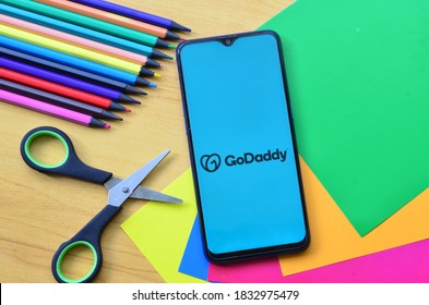 Bekasi, Indonesia - Oct 11,2020: Godaddy on smartphone, popular domain hosting company in America and world wide