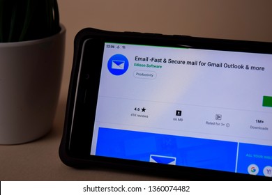 BEKASI, WEST JAVA, INDONESIA. APRIL 5, 2019 : Email -Fast & Secure Dev Application On Smartphone Screen. Mail For Gmail Outlook & More Is A Freeware Web Browser Developed By Edison Software