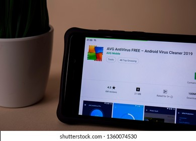 BEKASI, WEST JAVA, INDONESIA. APRIL 5, 2019 : AVG AntiVirus FREE dev application on Smartphone screen. Android Virus Cleaner 2019 is a freeware web browser developed by AVG Mobile