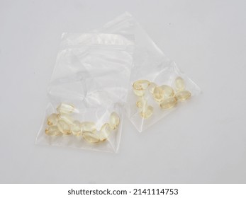 Bekasi, West Java  Indonesia  January 2nd 2022 : Fish Oil In The Plastic Storage Bag Shot With White Background