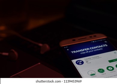 BEKASI, WEST JAVA, INDONESIA. JULY 22, 2018 : Transfer Contacts Application on Smartphone screen. Transfer Contacts is a freeware web browser developed by Maine Avenue Technologies SL
