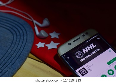 BEKASI, WEST JAVA, INDONESIA. JULY 27, 2018 : NHL App on Smartphone screen. NHL is a freeware web browser developed by BAMTECH LLC