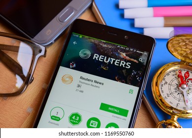 BEKASI, WEST JAVA, INDONESIA. SEPTEMBER 2, 2018 : Reuters News dev app on Smartphone screen. Reuters News is a freeware web browser developed by Thomson Reuters