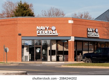 Bel Air, MD US - November 18, 2021: Exterior Building Of Banking Retail Location, Brick And Mortar Depository Institution, Navy Federal Credit Union For Military Members In Suburban Strip Mall