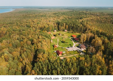 Belarus, Berezinsky Biosphere Reserve. Bird's-eye View Of Nivki Tourist Complex In Autumn Sunny Day. Panorama, Panoramic View.