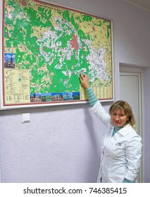 Belarus, Bobruisk, November 09, 2015: The Ambulance Dispatcher On The Map Shows Where The Station Is Located And What Territory It Serves