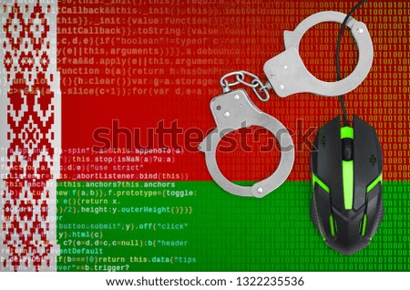 Belarus flag  and handcuffed computer mouse. Combating computer crime, hackers and piracy