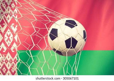 Belarus Flag And Soccer Ball, Football In Goal Net Vintage Color