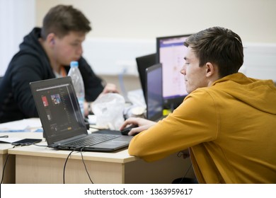 Belarus, Gimel, March 2, 2019. Business Center. Hackathon city. Young programmers at the computer.