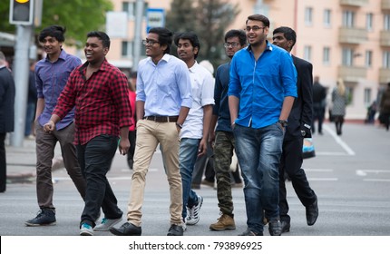 Belarus, Gomel, May 9, 2017. Victory Day. Central Street. Indian Youth. Crowd Of Indian Men