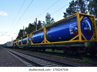 BELARUS, JUNE 04, 2020: Transport Tank Car LNG By «TNK Russian Tank Container Petrochemical Company». LPG Transport Propane And Gas - Oil Products. Rolling Stock With Liquefied Natural Gas