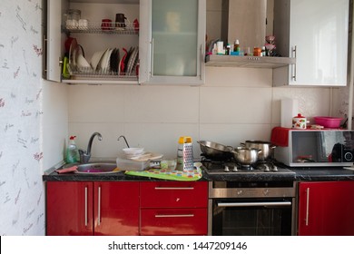 Belarus Minsk 06 12 2019 Typical Small Kitchen With Dirty Dishes And Clutter Full Shot