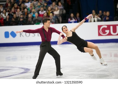 Belarus, Minsk, January 25, 2019. Minsk Arena. European Figure Skating Championship. Dancing On Ice. Italian Figure Skaters Charlene Guignard Marco Fabbri Perform The Program. Dance Couple