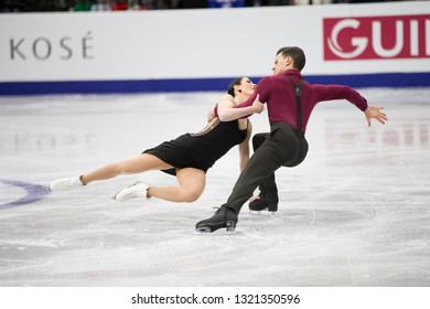 Belarus, Minsk, January 25, 2019. Minsk Arena. European Figure Skating Championship. Dancing On Ice. Italian Figure Skaters Charlene Guignard Marco Fabbri Perform The Program. Dance Couple