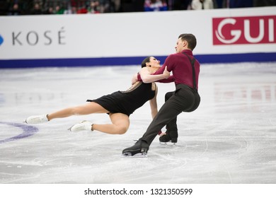 Belarus, Minsk, January 25, 2019. Minsk Arena. European Figure Skating Championship. Dancing On Ice. Italian Figure Skaters Charlene Guignard Marco Fabbri Perform The Program. Dance Couple