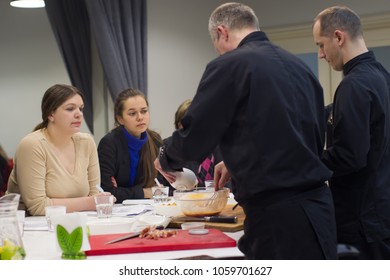 Belarus, Minsk, March 21, 2017. Culinary School. An Open Lesson On French Cooking. The Cook Teaches You How To Cook Food. Master Class Cooking. Chef Looks At Food