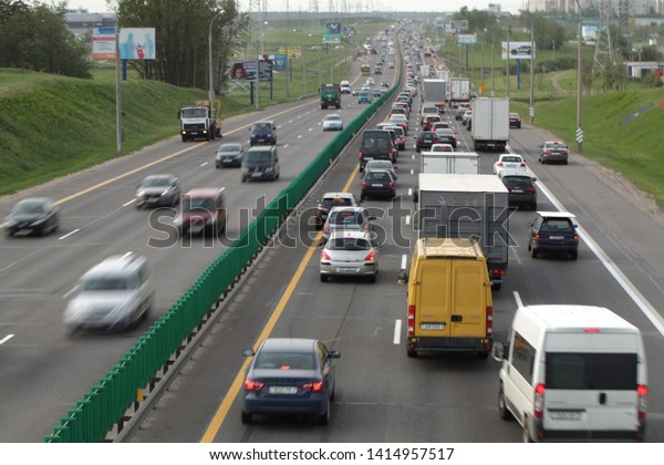 Belarus, Minsk, May 2019. Traffic automobile top\
view. Urban road street\
day