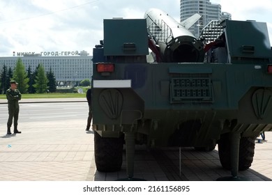 Belarus. Minsk. May 8, 2022. Exhibition Of Military Equipment. OTR-21 Tochka Is A Soviet Tactical Ballistic Missile. The Inscription On The Building 