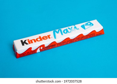 BELARUS, NOVOPOLOTSK - 11 MAY, 2021: Kinder Maxi On Blue Background Close Up