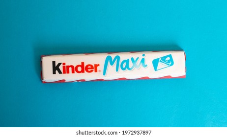 BELARUS, NOVOPOLOTSK - 11 MAY, 2021: Kinder Maxi On Blue Background Close Up