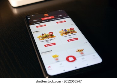 BELARUS, NOVOPOLOTSK - 16 JULY, 2021: Burger King Menu In App On Display Close Up