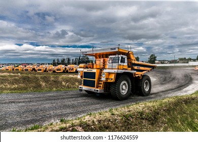 Belarus, Zhodzina, 10 September 2018: Belaz during test drive. Belaz is a Belarusian manufacturer of haulage and earthmoving equipment, dump trucks, haul trucks, heavy equipment.