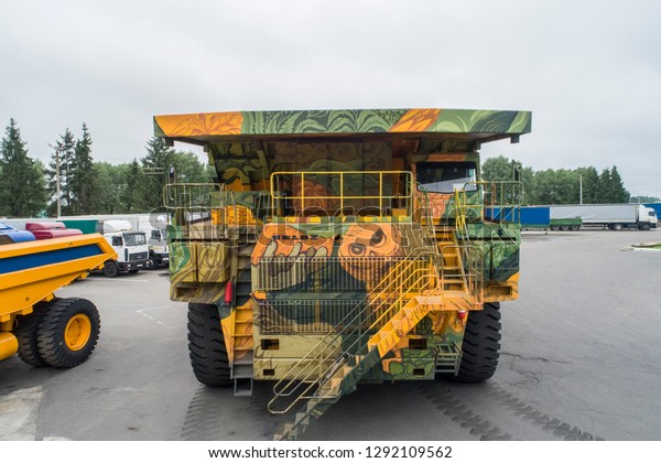 Belarus, Zhodzina,\
10 September 2018: Belaz during test drive. Belaz is a Belarusian\
manufacturer of haulage and earthmoving equipment, dump trucks,\
haul trucks, heavy\
equipment.