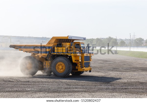 Belarus, Zhodzina,\
10 September 2019: Belaz during test drive. Belaz is a Belarusian\
manufacturer of haulage and earthmoving equipment, dump trucks,\
haul trucks, heavy\
equipment.