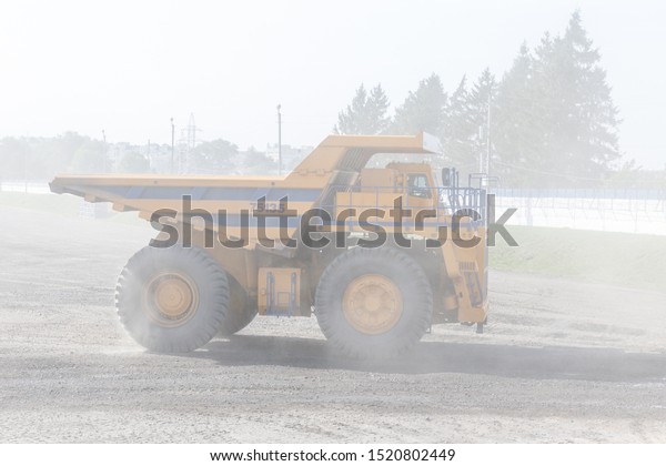 Belarus, Zhodzina,\
10 September 2019: Belaz during test drive. Belaz is a Belarusian\
manufacturer of haulage and earthmoving equipment, dump trucks,\
haul trucks, heavy\
equipment.