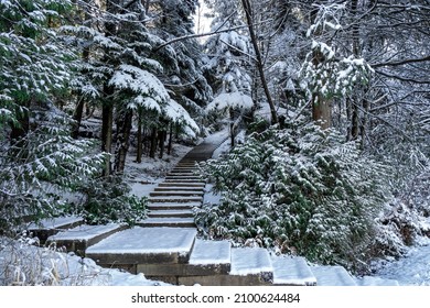 Belcarra Regional Park, Port Moody, BC Canada - December 30, 2021: Snowscape And Landscape From Trail Along Sasamat Lake And White Pine Beach