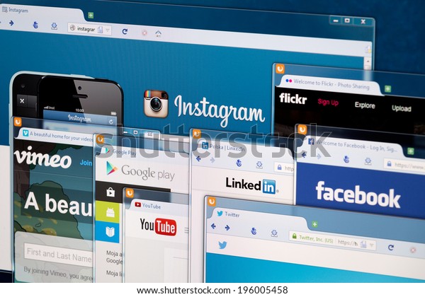BELCHATOW, POLAND - APRIL 11, 2014: Photo of social network homepage on a monitor screen.