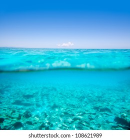 Belearic Islands Turquoise Sea Under Over In Out Waterline Tropical Beach