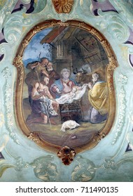 BELEC, CROATIA - NOVEMBER 17: Nativity Scene, Adoration of the Shepherds, fresco on the ceiling of the Church of Our Lady of the Snow in Belec, Croatia on November 17, 2011.
