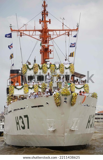 Belem do Para, Brazil - October 13, 2013: A ship\
carrying the image of Our Lady of Nazareth is seen during the\
Nazareth Candle, Cirio de Nazare procession, the biggest religious\
event in Brazil.