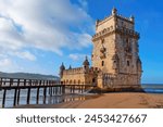 Belem Tower or Tower of Staint Vincent on the bank of the Tagus River. Lisbon, Portugal