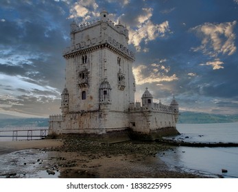 The Belem Tower (Belém Tower) At Sunset. A Medieval Castle Fortification On The Tagus River Of Lisbon, Portugal