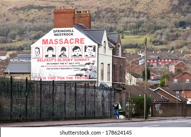 BELFAST, NORTHERN IRELAND - FEB 9, 2014: Mural Of Springhill Westrock Massacre On Springfield Road In Belfast, Northern Ireland. Springfield Road Was The Site Of Much Activity During The Troubles.