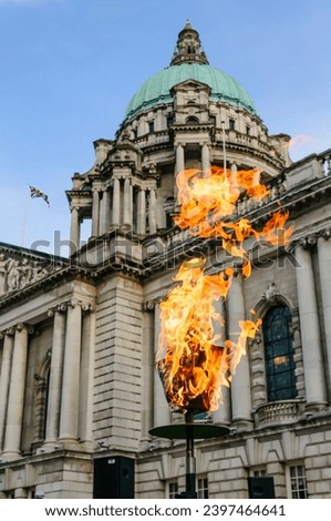 BELFAST, NORTHERN IRELAND, UK - APR 21 2016 - Belfast City Council light a beacon at the City Hall to celebrate the birthday of HM Queen Elizabeth II.