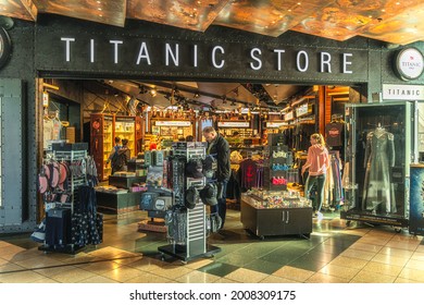 Belfast, UK, Aug 2019 People shopping for souvenirs in Titanic Store in Titanic Museum, Northern Ireland