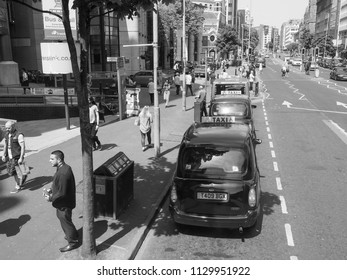 BELFAST, UK - CIRCA JUNE 2018: View Of The City Of Belfast With Black Taxi Cabs In Black And White