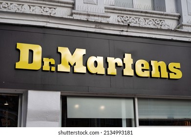 Belfast, UK- Feb 19, 2022: The Sign for Dr. Martens store  in Belfast Northern Ireland.