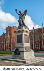 Belfast, UK – October, 30, 2019 - Art Nouveau War Memorial commemorating those members of the University who fell in WW1 and WW2, erected in front of the Queen’s University Belfast, Northern Ireland