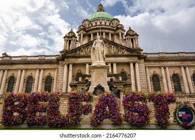 Belfast, United Kingdom - 21 May 2022: Detail of the City Hall in Belfast with the inscription Belfast in the first place