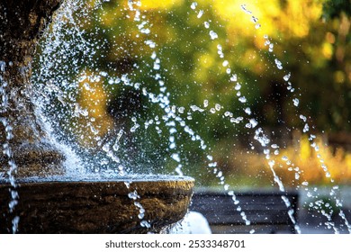 Belfountain Conservation Area belle fountain. Caledon, Ontario, Canada. Close up macro water droplets spray. Background bokeh. Splash splashing. Moss covered. October morning fall autumn sunny day. - Powered by Shutterstock