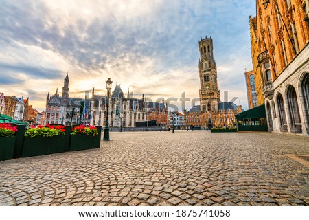 Belfry bell tower and Provincial Court at the main town square in Bruges. Belgium