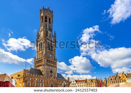 Belfry of Bruges Belfort van Brugge medieval bell tower Scheldt Gothic architecture style building on Markt Market square in Brugge old town historical city centre, West Flanders province, Belgium