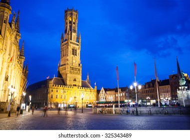 Belfry Of Bruges And Grote Markt At Night