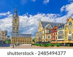 Belfry of Ghent Het Belfort van Gent medieval bell tower watchtower, Cloth hall Lakenhalle, Royal Dutch Theatre and Saint Nicholas