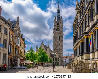 Belfry of Ghent and Ghent Town Hall (Stadhuis) in Ghent (Gent), Belgium. Architecture and landmark of Ghent. 