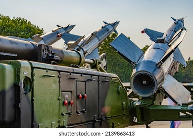 BELGADE, SERBIA - September 2, 2012: Russian V-600 Surface To Air Missiles On  S-125 Quadruple Launcher. This Missile System Was Designed By Aleksei Isaev And Have Operational Range Of 35 Kilometres.